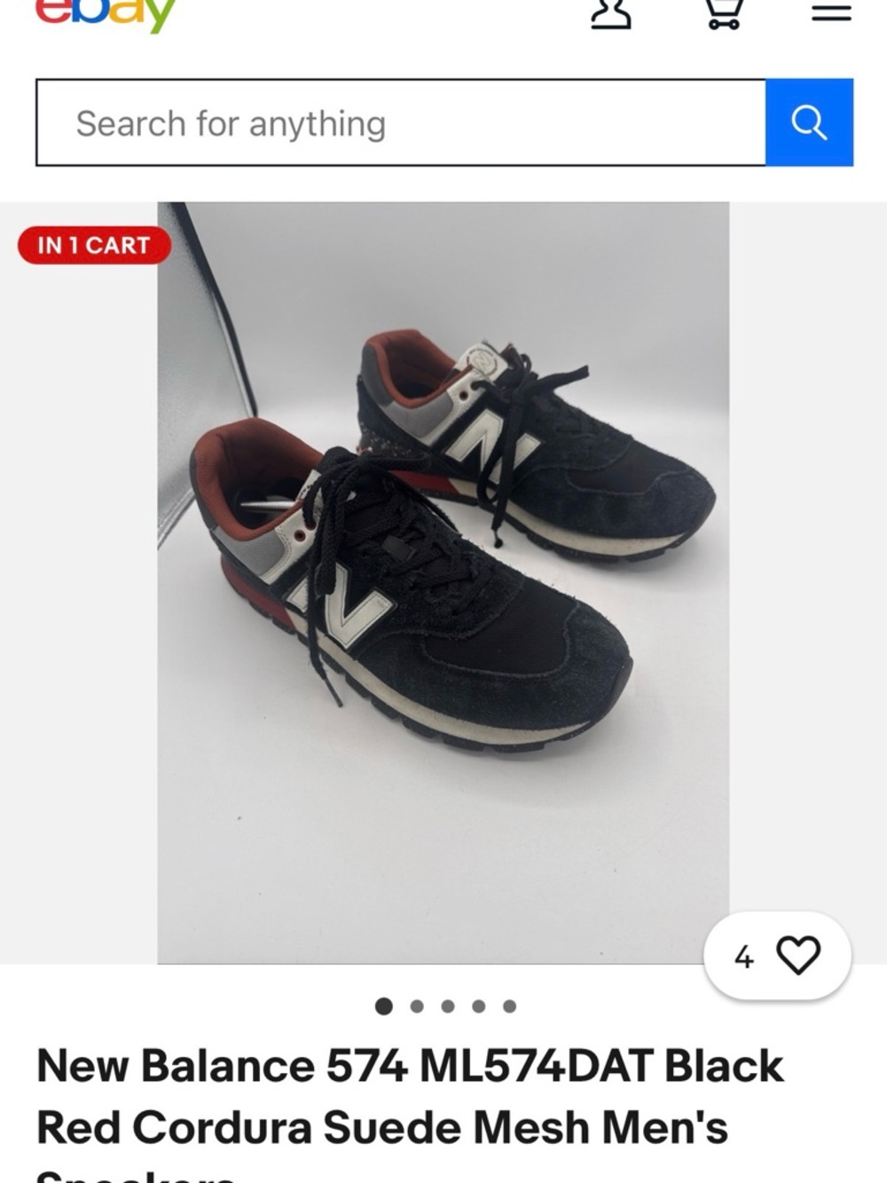 New Balance Men's 574 Black Red Suede Mesh Sneakers